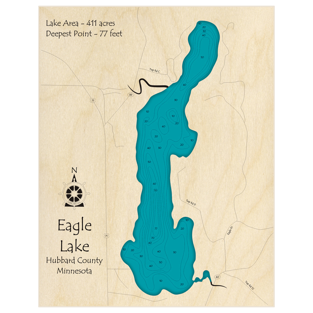 Bathymetric topo map of Eagle Lake (near Hwy 71) with roads, towns and depths noted in blue water