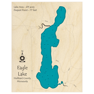 Bathymetric topo map of Eagle Lake (near Hwy 71) with roads, towns and depths noted in blue water