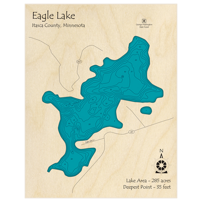 Bathymetric topo map of Eagle Lake with roads, towns and depths noted in blue water