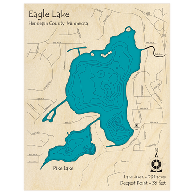 Bathymetric topo map of Eagle Lake (with Pike Lake) (Near I-694) with roads, towns and depths noted in blue water