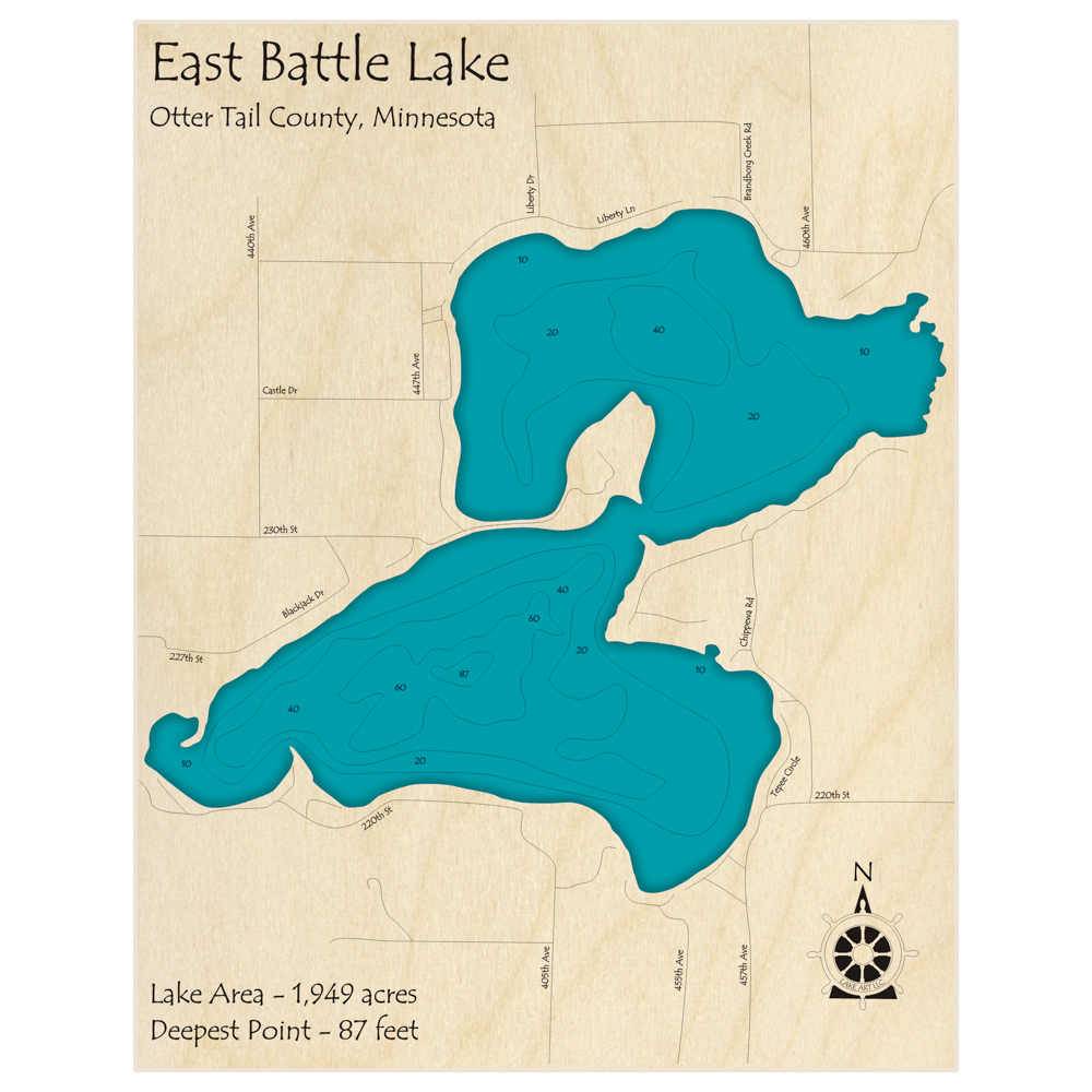 Bathymetric topo map of Battle Lake (East) with roads, towns and depths noted in blue water