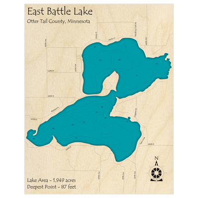 Bathymetric topo map of Battle Lake (East) with roads, towns and depths noted in blue water