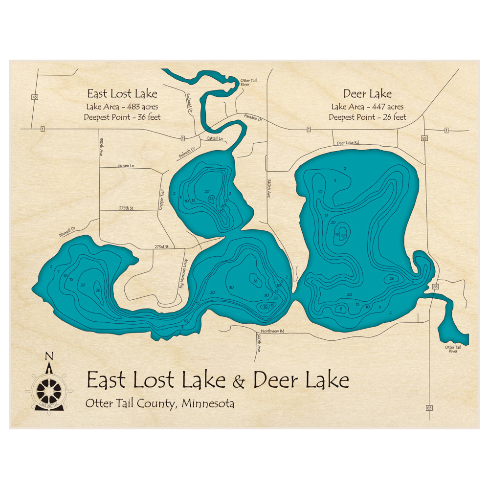 Bathymetric topo map of East Lost Lake and Deer Lake with roads, towns and depths noted in blue water