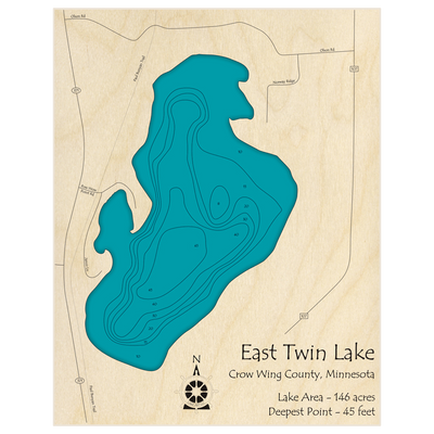 Bathymetric topo map of Twin Lake (East) near Hwy 371 and Nisswa with roads, towns and depths noted in blue water