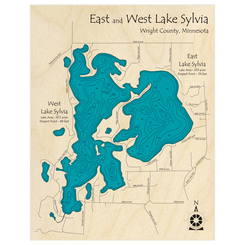 Bathymetric topo map of East and West Lake Sylvia (alternate title to Lake Sylvia) with roads, towns and depths noted in blue water