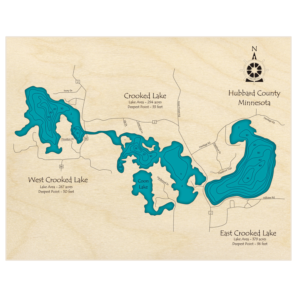 Bathymetric topo map of East Crooked West Crooked Coon Lake and Crooked Lake with roads, towns and depths noted in blue water
