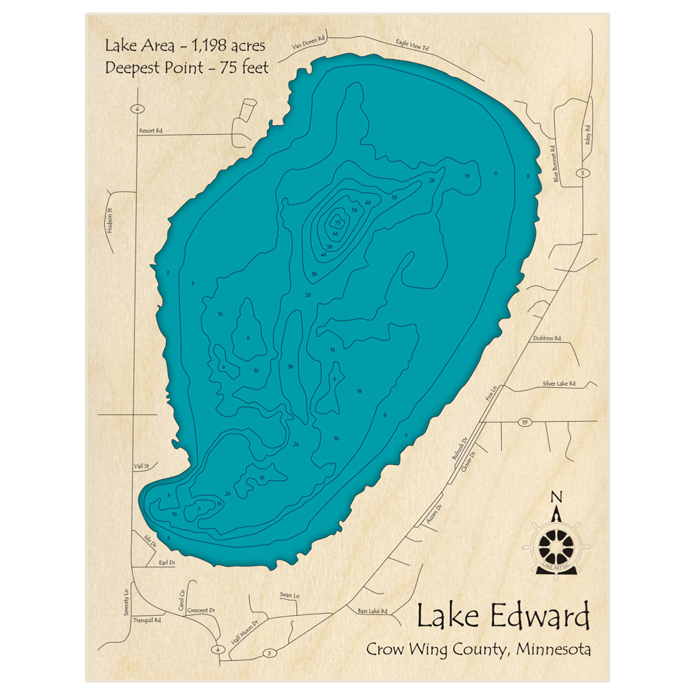 Bathymetric topo map of Lake Edward with roads, towns and depths noted in blue water