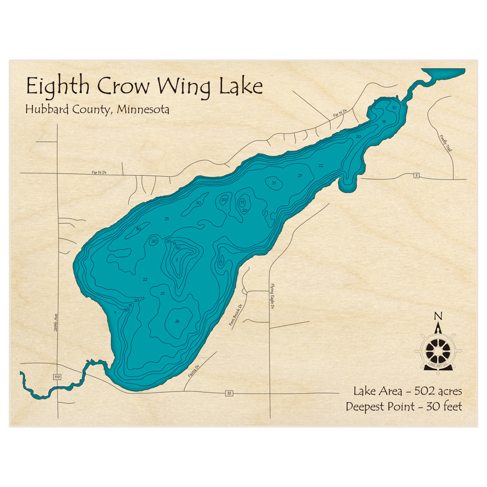 Bathymetric topo map of Eighth Crow Wing Lake with roads, towns and depths noted in blue water