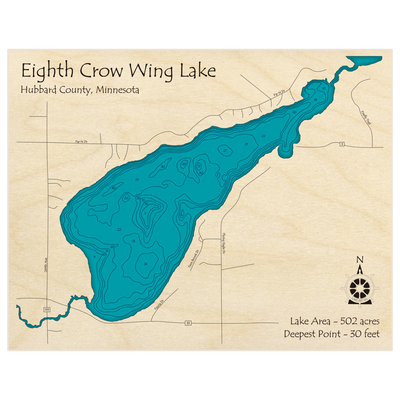 Bathymetric topo map of Eighth Crow Wing Lake with roads, towns and depths noted in blue water