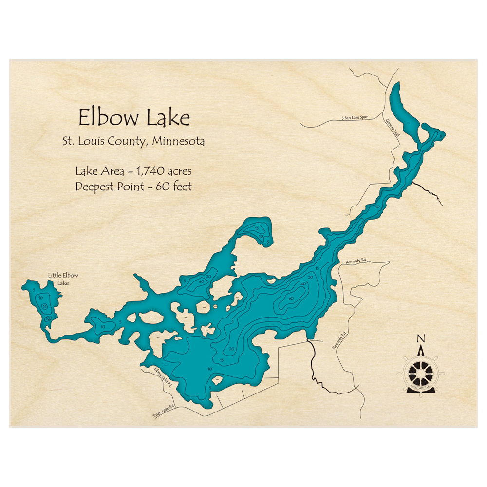 Bathymetric topo map of Elbow Lake with roads, towns and depths noted in blue water