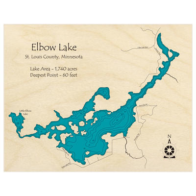 Bathymetric topo map of Elbow Lake with roads, towns and depths noted in blue water