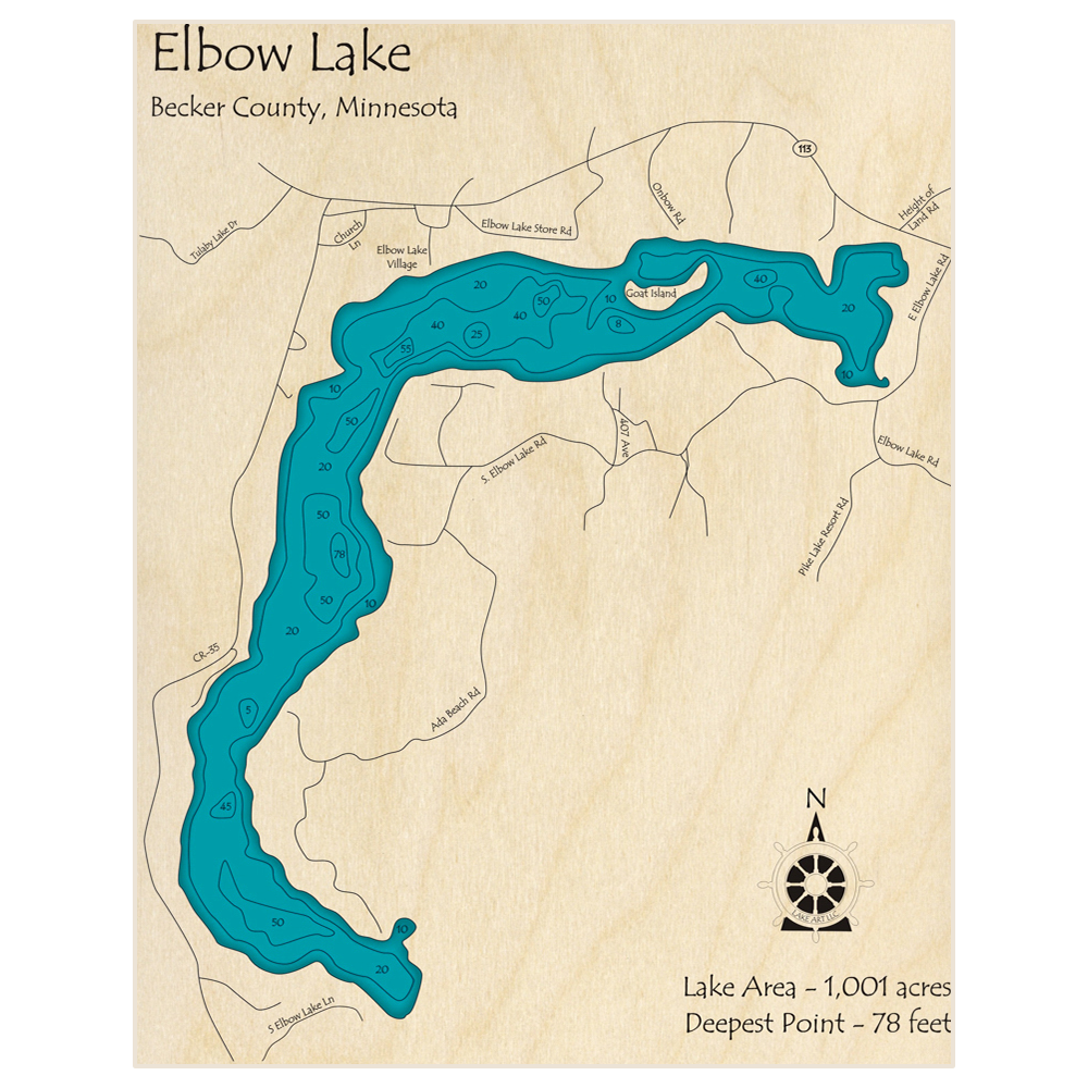 Bathymetric topo map of Elbow Lake with roads, towns and depths noted in blue water