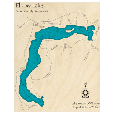 Bathymetric topo map of Elbow Lake with roads, towns and depths noted in blue water