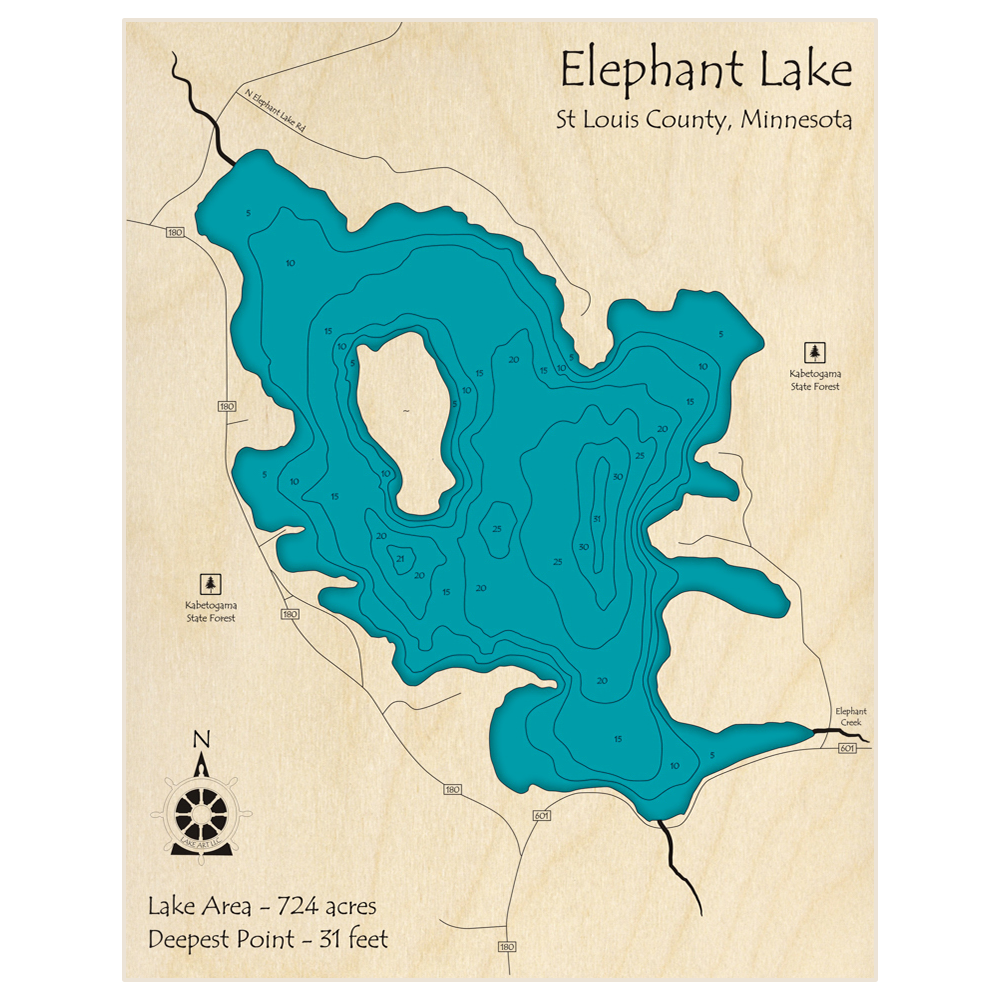 Bathymetric topo map of Elephant Lake with roads, towns and depths noted in blue water