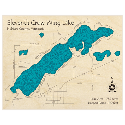 Bathymetric topo map of Eleventh Crow Wing Lake with roads, towns and depths noted in blue water
