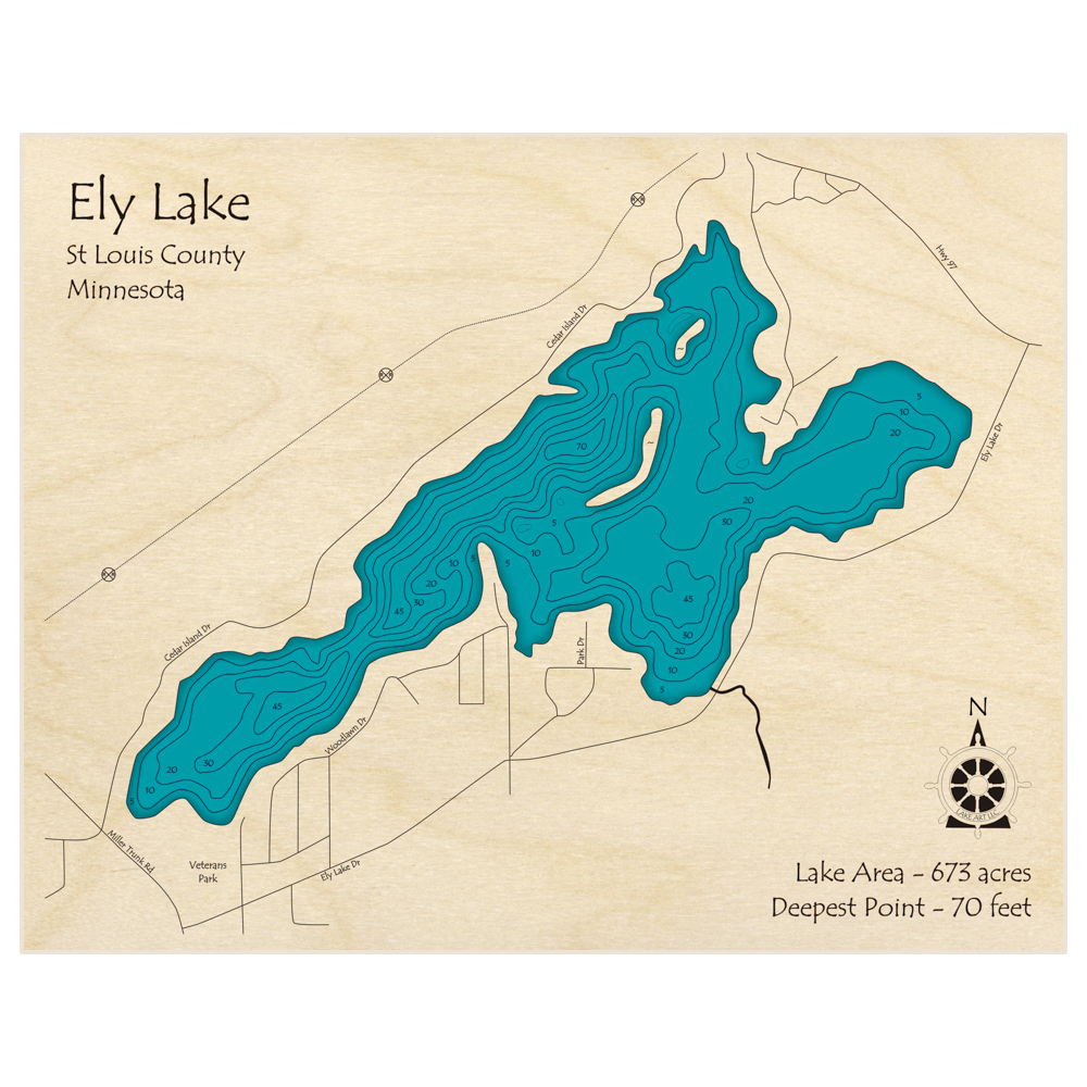 Bathymetric topo map of Ely Lake with roads, towns and depths noted in blue water