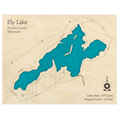 Bathymetric topo map of Ely Lake with roads, towns and depths noted in blue water
