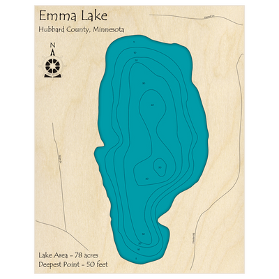 Bathymetric topo map of Emma Lake with roads, towns and depths noted in blue water