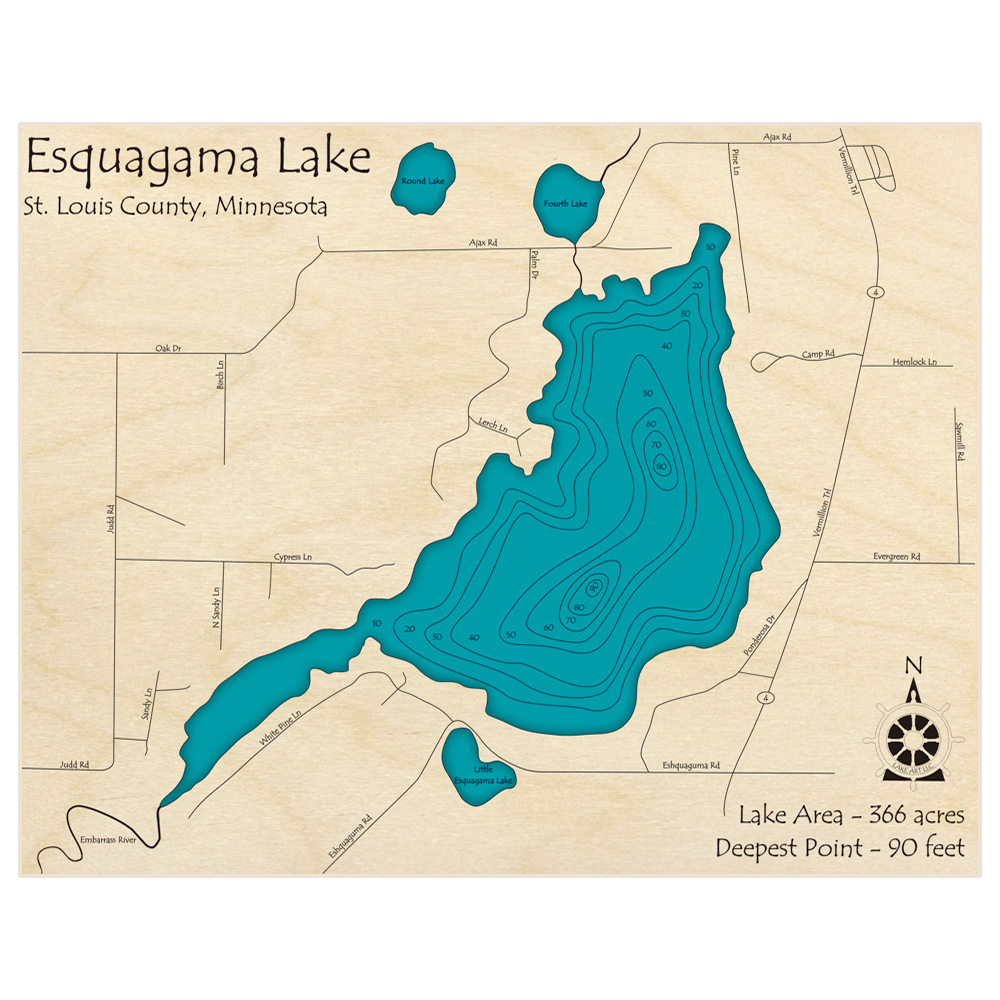 Bathymetric topo map of Esquagama Lake with roads, towns and depths noted in blue water