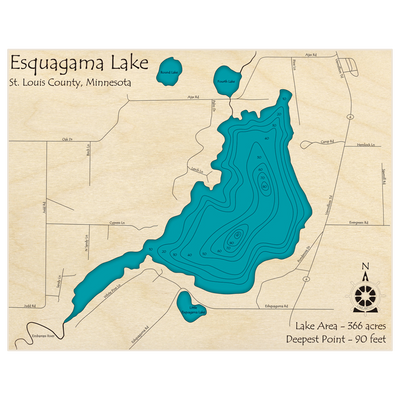 Bathymetric topo map of Esquagama Lake with roads, towns and depths noted in blue water