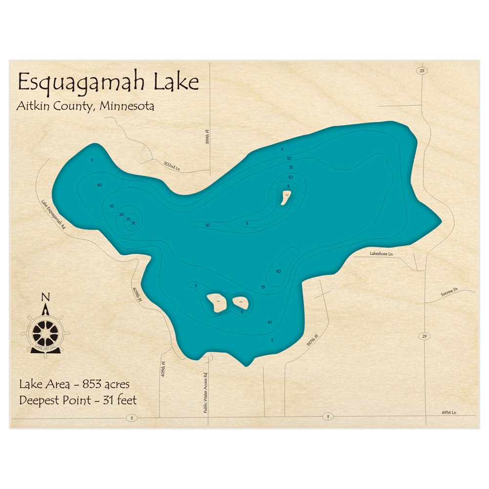 Bathymetric topo map of Esquagamah Lake with roads, towns and depths noted in blue water