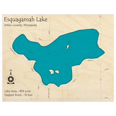 Bathymetric topo map of Esquagamah Lake with roads, towns and depths noted in blue water