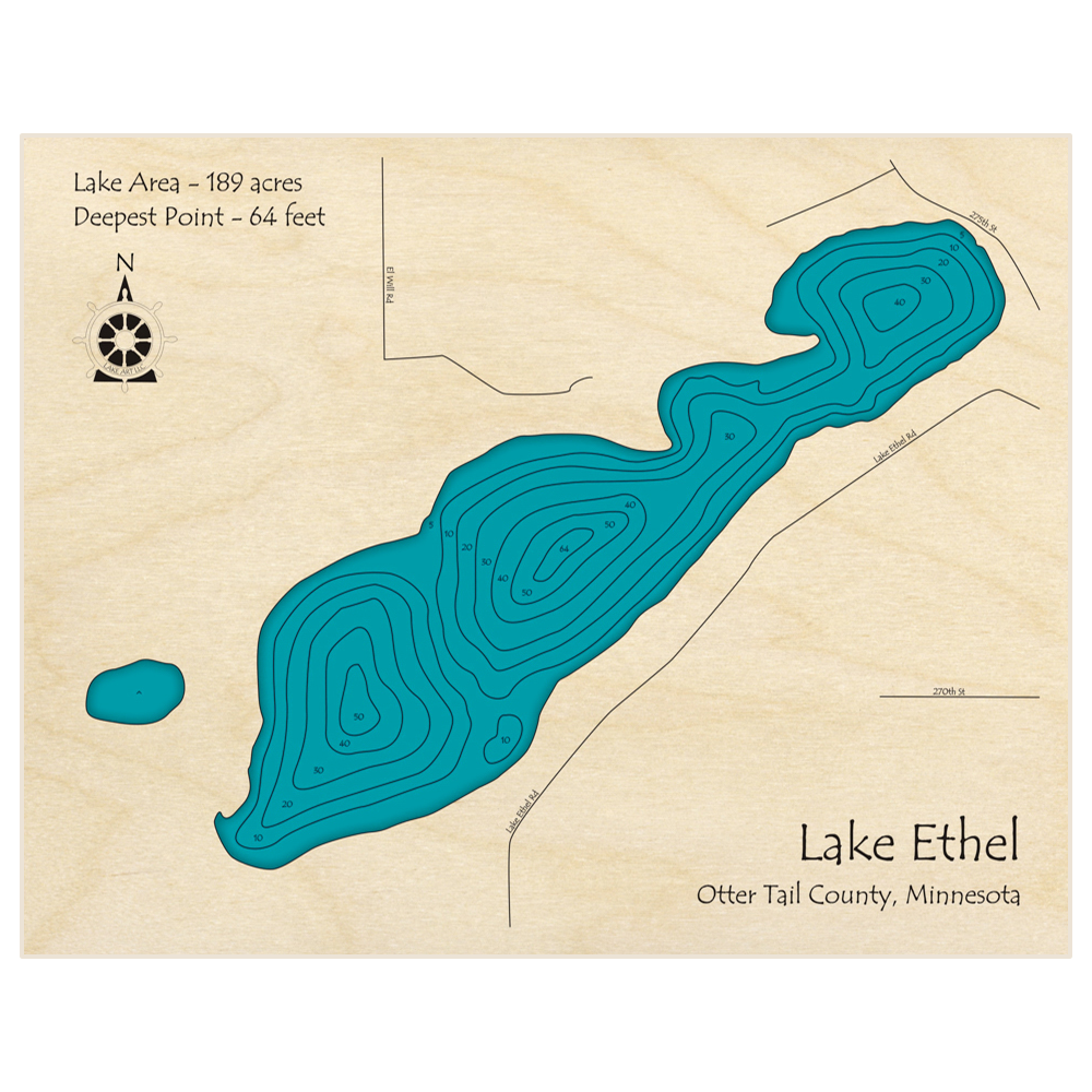 Bathymetric topo map of Lake Ethel with roads, towns and depths noted in blue water