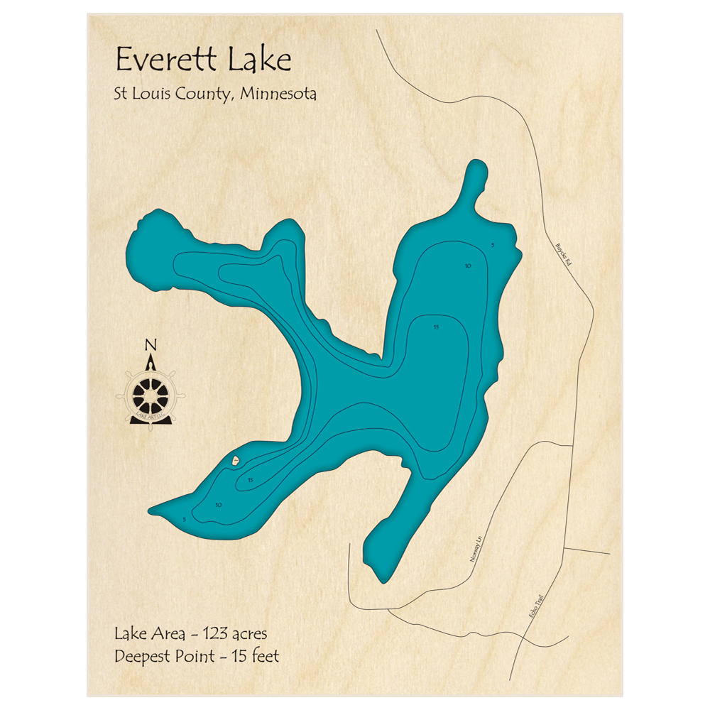 Bathymetric topo map of Everett Lake with roads, towns and depths noted in blue water