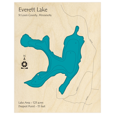 Bathymetric topo map of Everett Lake with roads, towns and depths noted in blue water