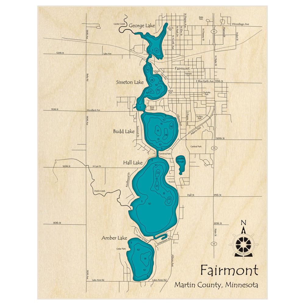 Bathymetric topo map of Fairmont Lakes (Amber Hall Budd Sisseton George) with roads, towns and depths noted in blue water