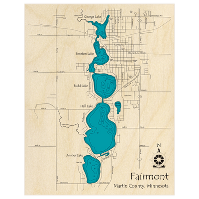 Bathymetric topo map of Fairmont Lakes (Amber Hall Budd Sisseton George) with roads, towns and depths noted in blue water