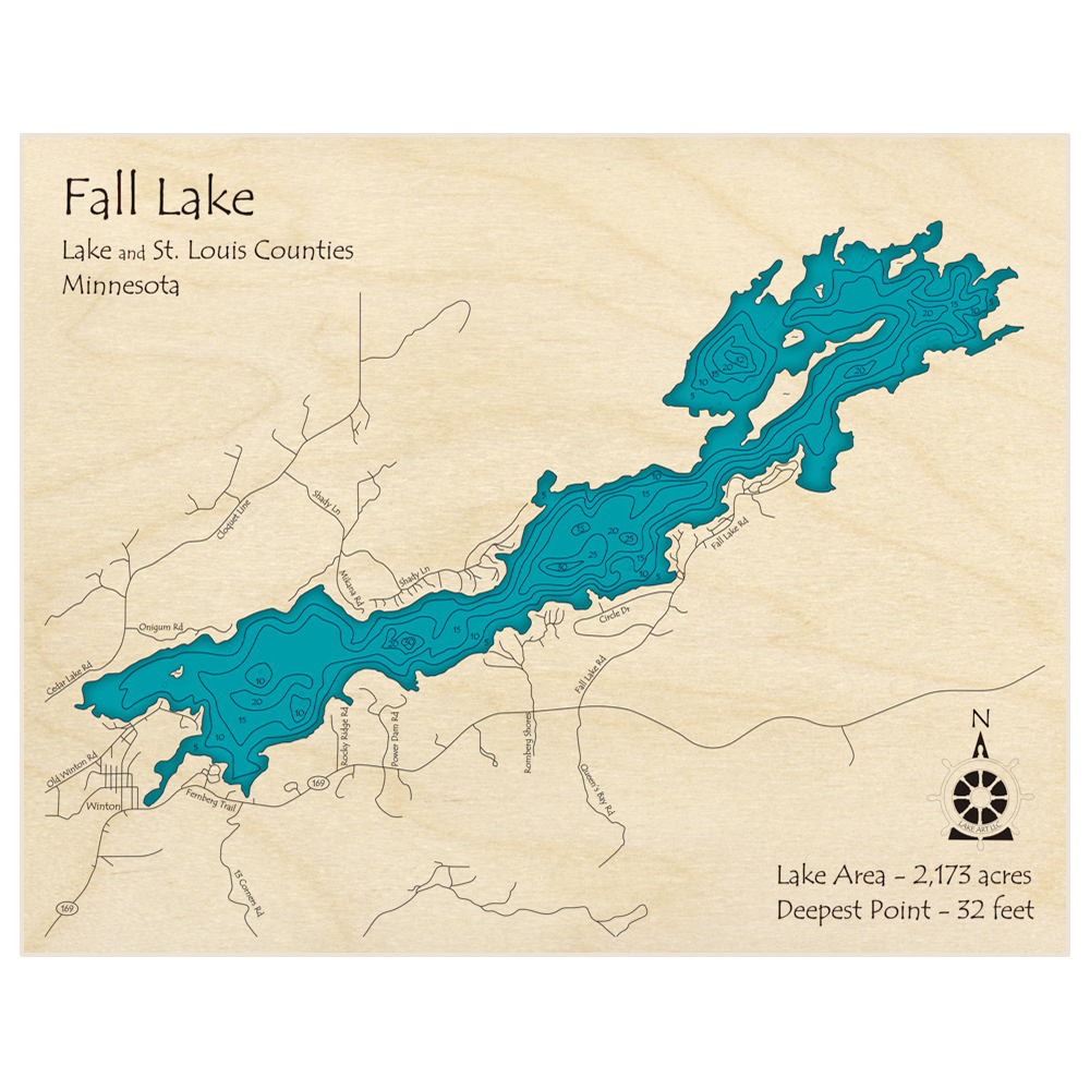 Bathymetric topo map of Fall Lake with roads, towns and depths noted in blue water