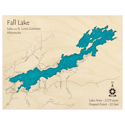 Bathymetric topo map of Fall Lake with roads, towns and depths noted in blue water