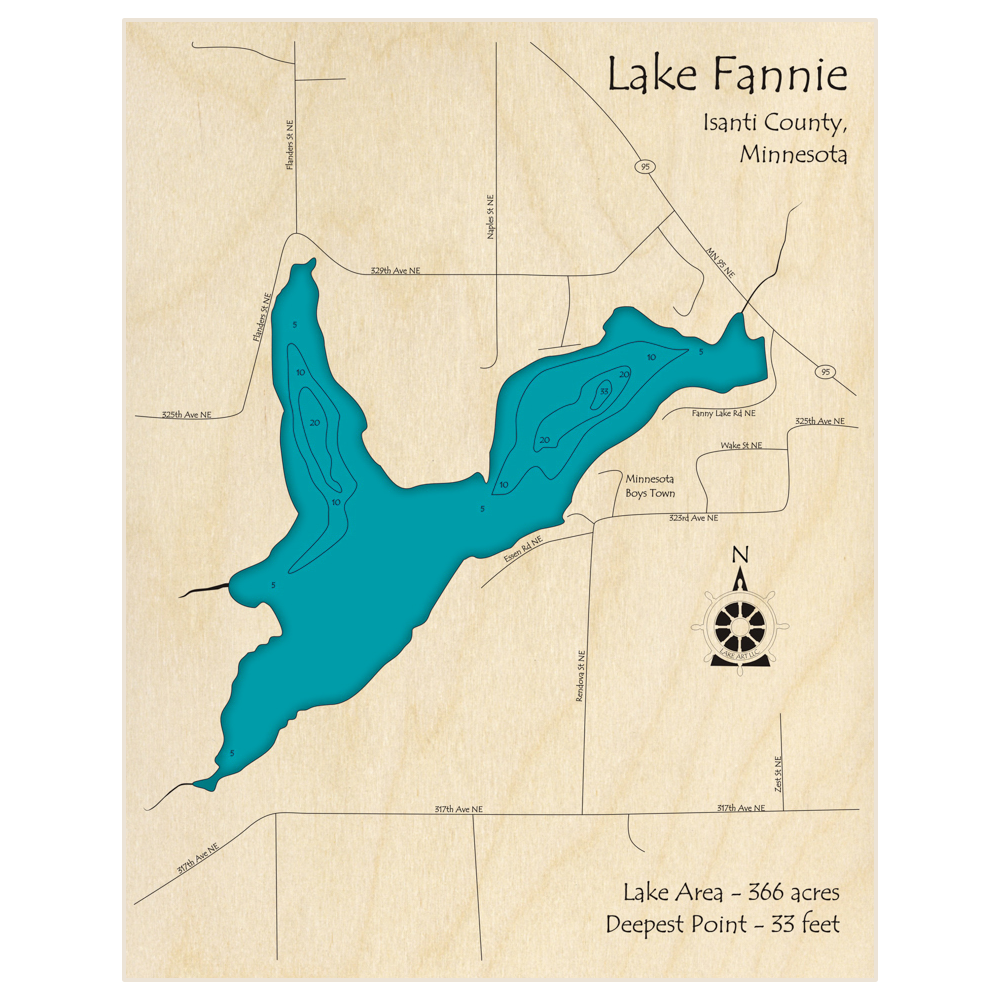Bathymetric topo map of Lake Fannie with roads, towns and depths noted in blue water