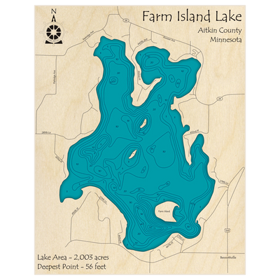 Bathymetric topo map of Farm Island Lake with roads, towns and depths noted in blue water