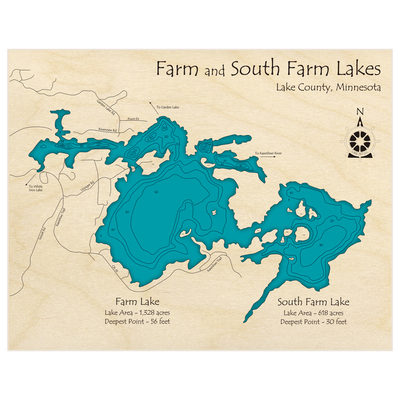 Bathymetric topo map of Farm Lake (With South Farm Lake) with roads, towns and depths noted in blue water
