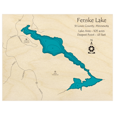 Bathymetric topo map of Fenske Lake with roads, towns and depths noted in blue water