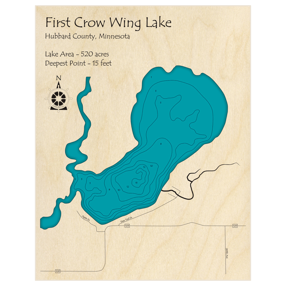 Bathymetric topo map of First Crow Wing with roads, towns and depths noted in blue water