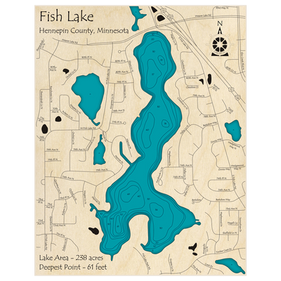 Bathymetric topo map of Fish Lake with roads, towns and depths noted in blue water