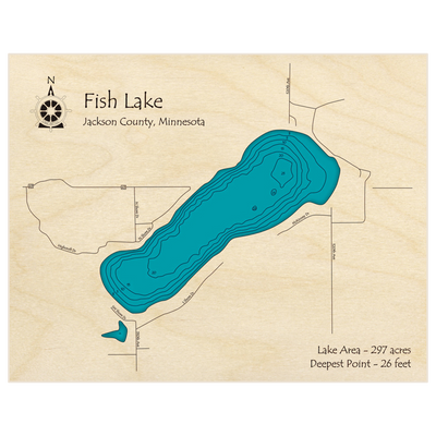 Bathymetric topo map of Fish Lake with roads, towns and depths noted in blue water