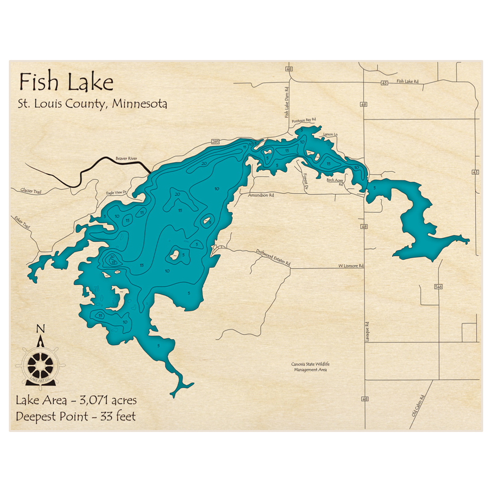 Bathymetric topo map of Fish Lake with roads, towns and depths noted in blue water