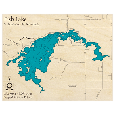 Bathymetric topo map of Fish Lake with roads, towns and depths noted in blue water