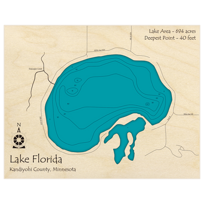 Bathymetric topo map of Florida Lake with roads, towns and depths noted in blue water