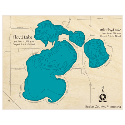 Bathymetric topo map of Floyd Lake (With Little Floyd Lake) with roads, towns and depths noted in blue water