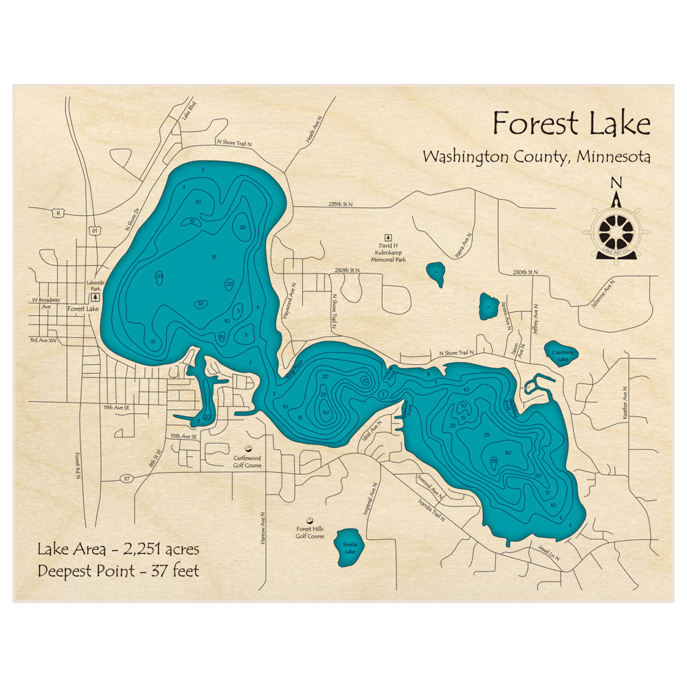 Bathymetric topo map of Forest Lake with roads, towns and depths noted in blue water