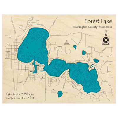 Bathymetric topo map of Forest Lake with roads, towns and depths noted in blue water