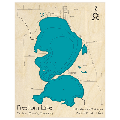 Bathymetric topo map of Freeborn Lake with roads, towns and depths noted in blue water