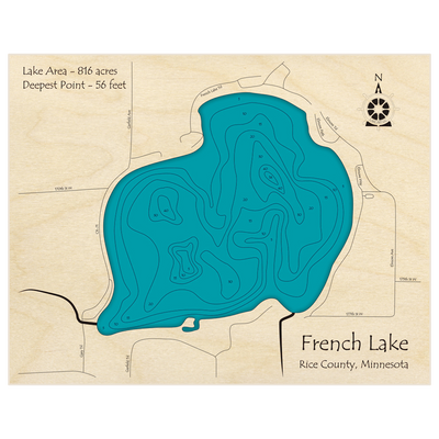 Bathymetric topo map of French Lake with roads, towns and depths noted in blue water