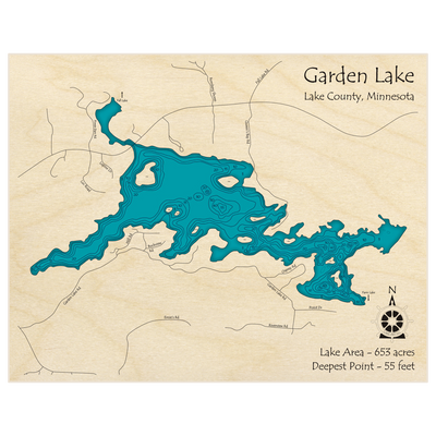 Bathymetric topo map of Garden Lake with roads, towns and depths noted in blue water