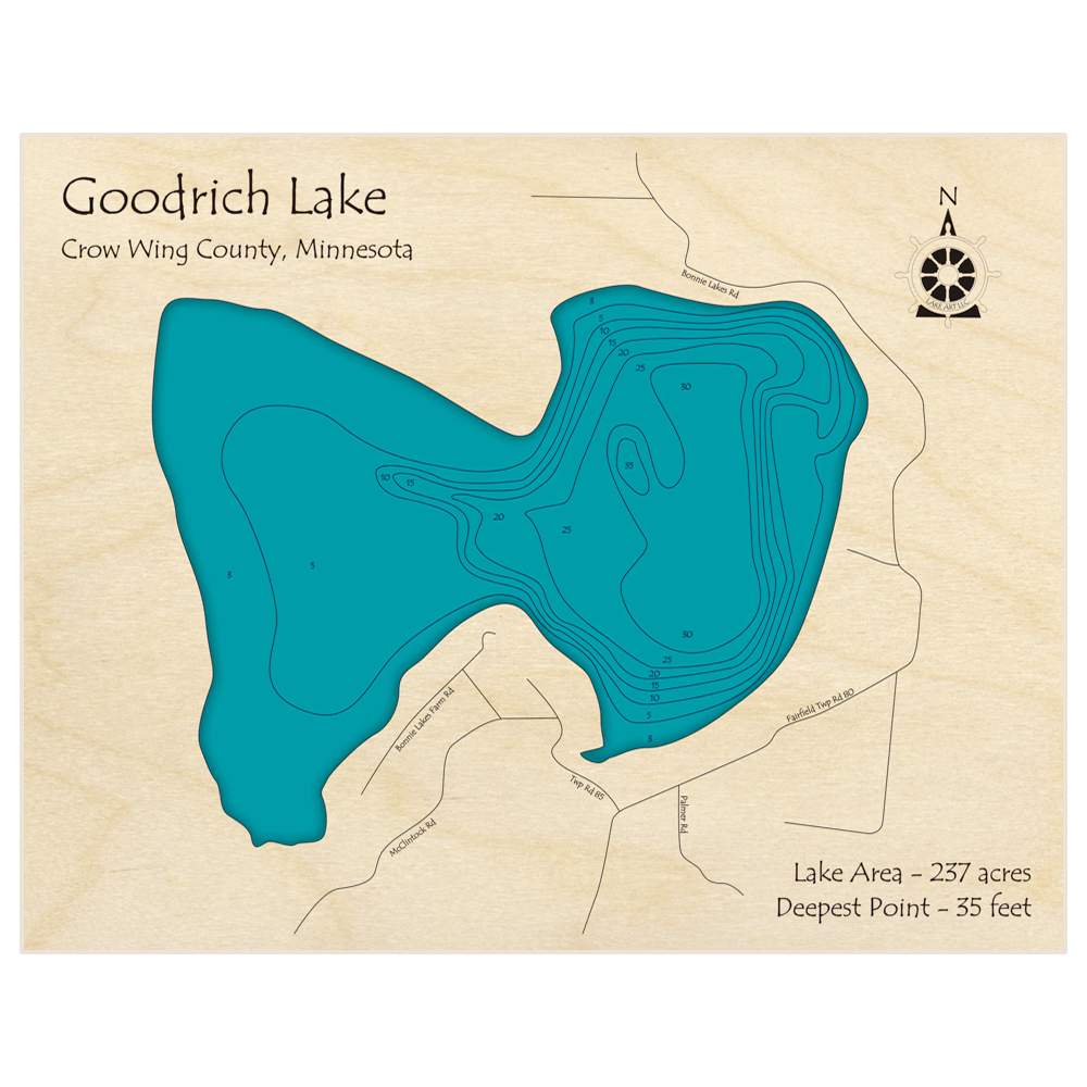 Bathymetric topo map of Goodrich Lake with roads, towns and depths noted in blue water